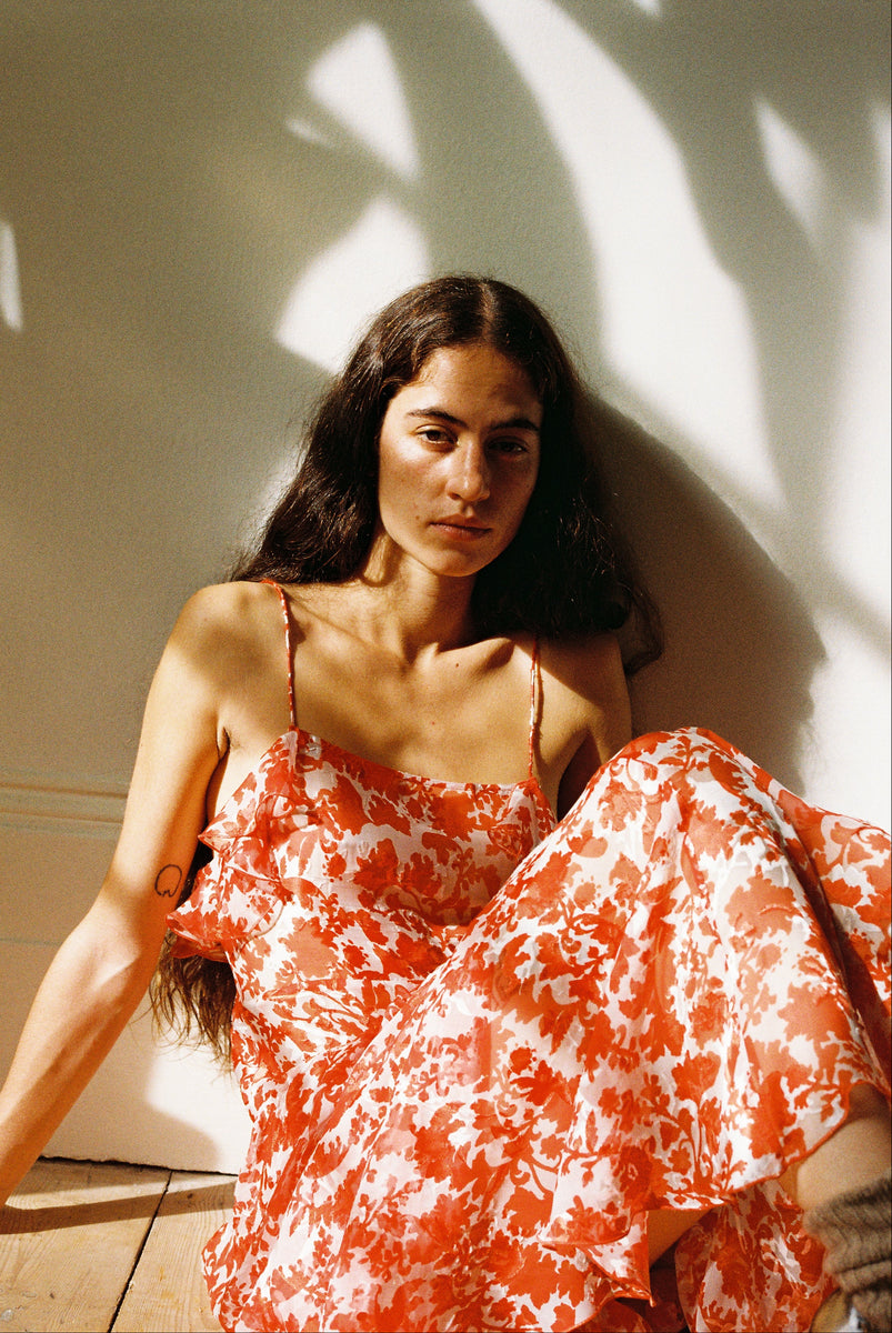 Poetic Slip Dress - Red / White Silk Devoré