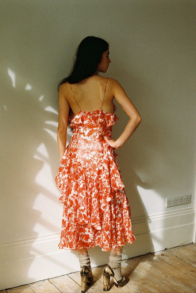 Poetic Slip Dress - Red / White Silk Devoré