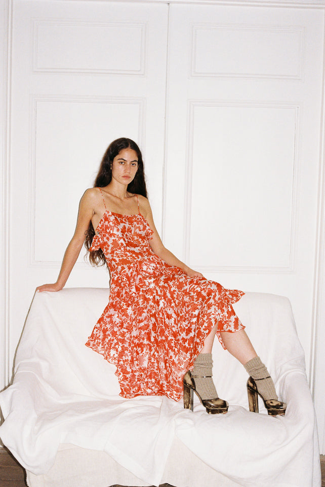 Poetic Slip Dress - Red / White Silk Devoré